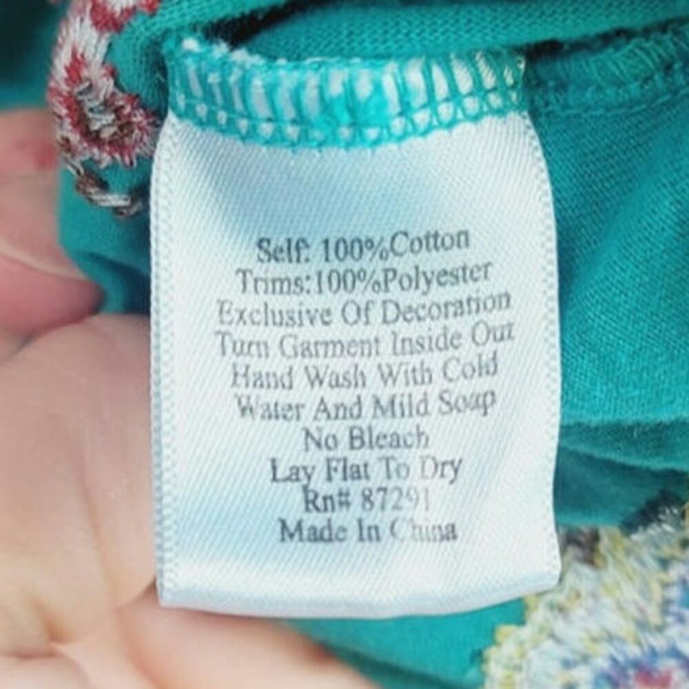 Johnny Was LA Embroidered Ruffle Button Front Teal Long Sleeve Blouse, sz Med - Picture 8 of 15